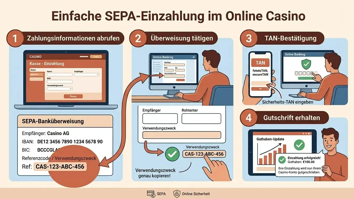 Schritt-für-Schritt-Anleitung zeigt SEPA-Einzahlungsprozess mit annotierten Casino-Kassen-Screenshots, IBAN-Anzeige, Transaktionsreferenzcode und Online-Banking-Interface mit TAN-Authentifizierung