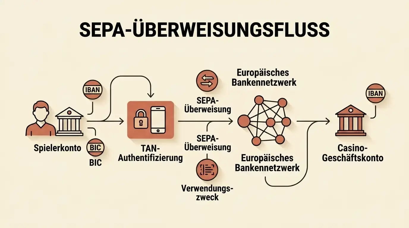 Technisches Diagramm zeigt SEPA-Banküberweisungsfluss vom Spielerkonto durch europäisches Bankennetzwerk zum Casino-Geschäftskonto mit Symbolen für IBAN, BIC, Transaktionsreferenz und TAN-Authentifizierung