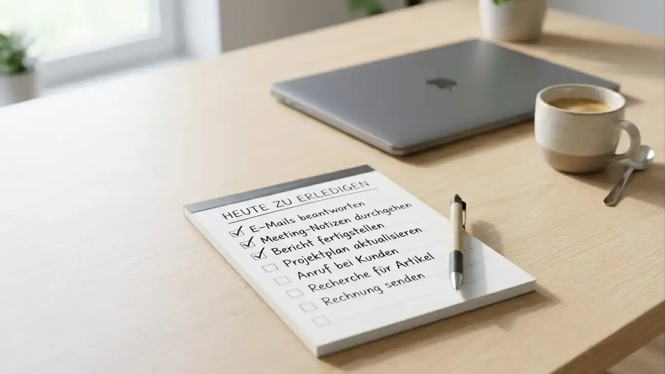 Notizblock mit handschriftlicher Prüfliste neben Laptop und Kaffeetasse auf einem hellen Schreibtisch