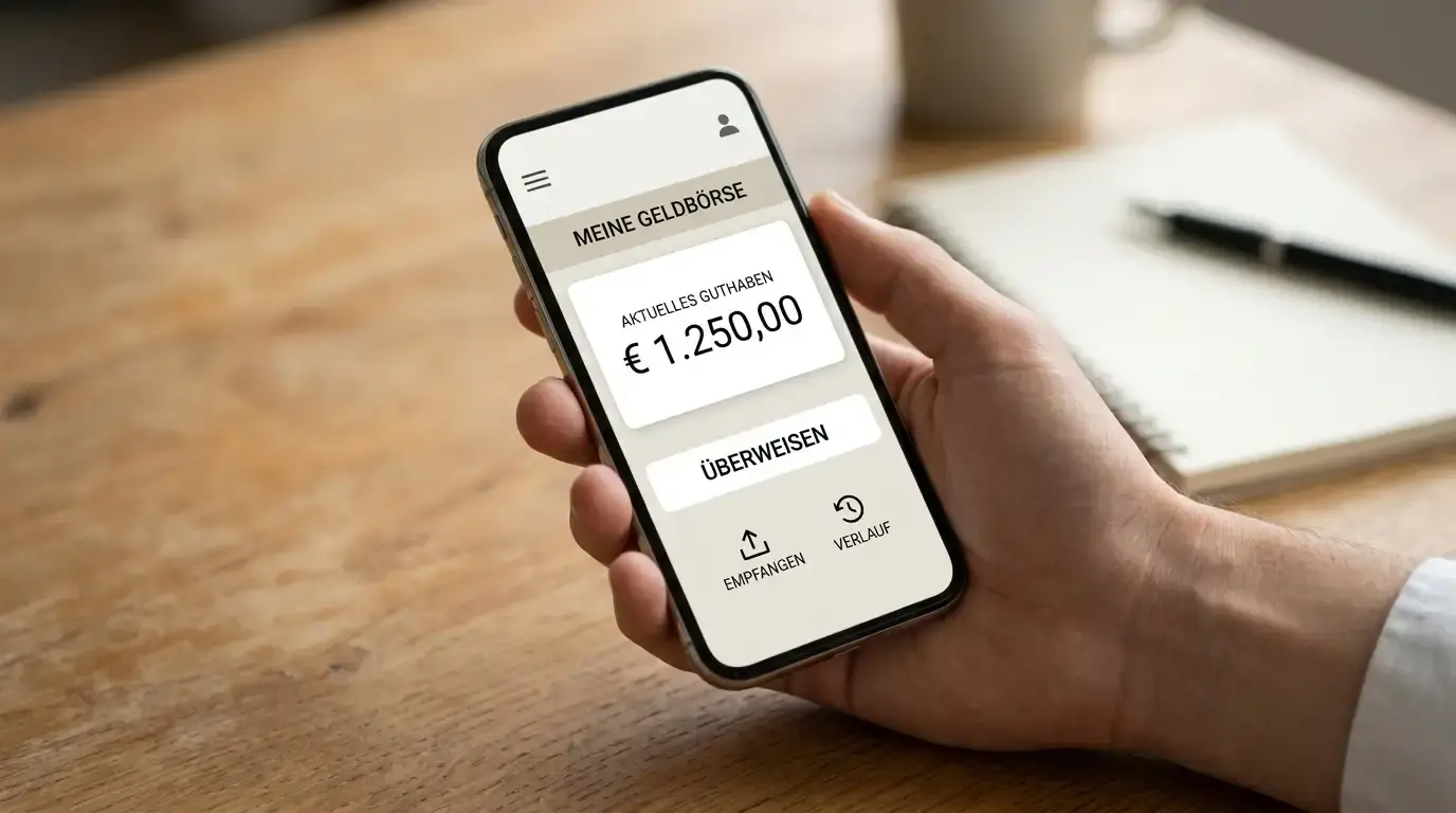 Übersicht der Funktionen einer digitalen Geldbörse auf einem Smartphone-Bildschirm