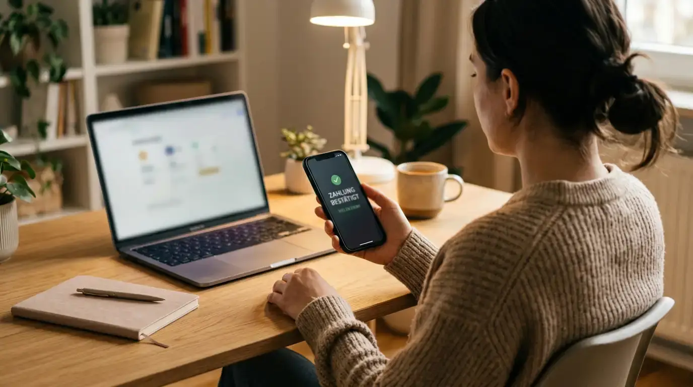 Person am Schreibtisch bestätigt eine Casino-Einzahlung per Online-Banking auf dem Smartphone