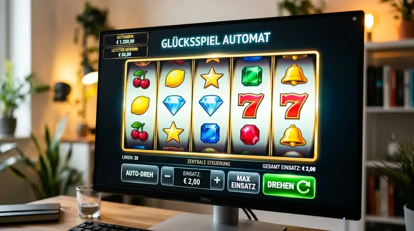 Nahaufnahme von bunten Spielautomaten-Walzen auf Bildschirm, abstrakte generische Symbole ohne Markenzeichen, professionelle Fotografie
