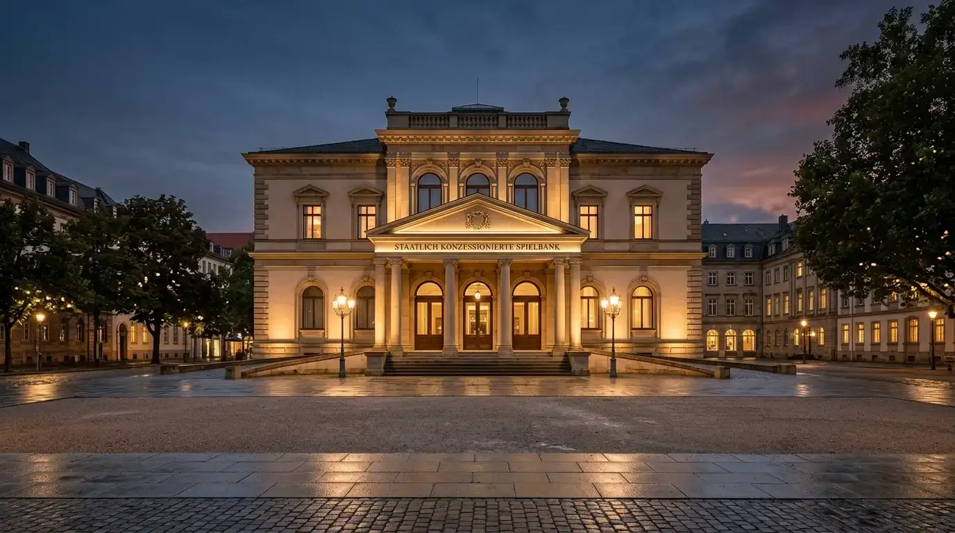 Fassade einer staatlichen deutschen Spielbank mit ruhiger Abendbeleuchtung