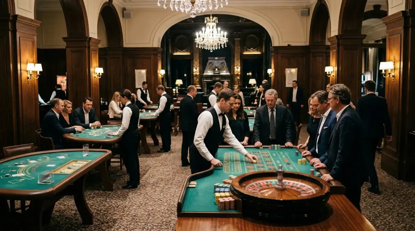 Klassischer Tischspielbereich einer deutschen Spielbank mit Roulette- und Kartentischen
