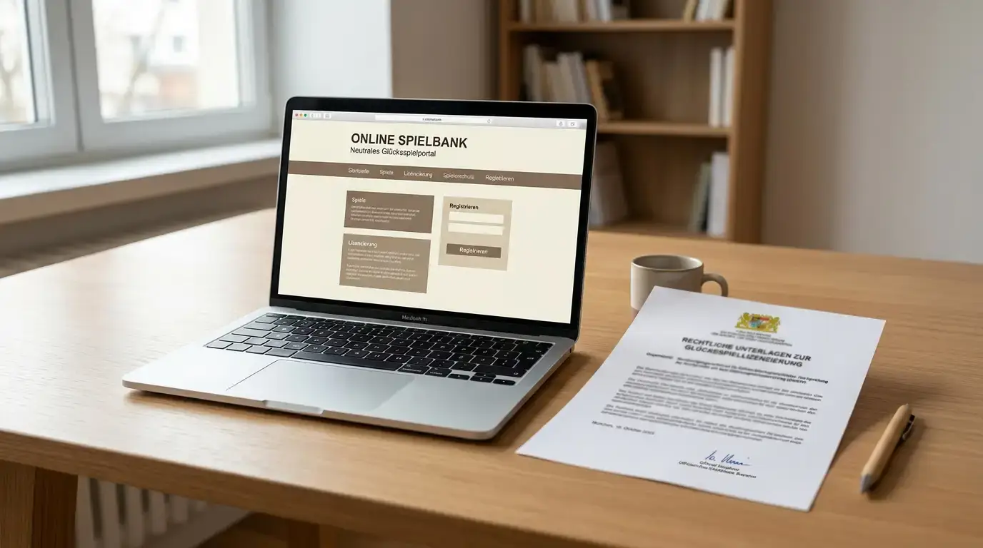 Laptop mit Casino-Plattform und bayerischem Lizenzdokument auf Schreibtisch