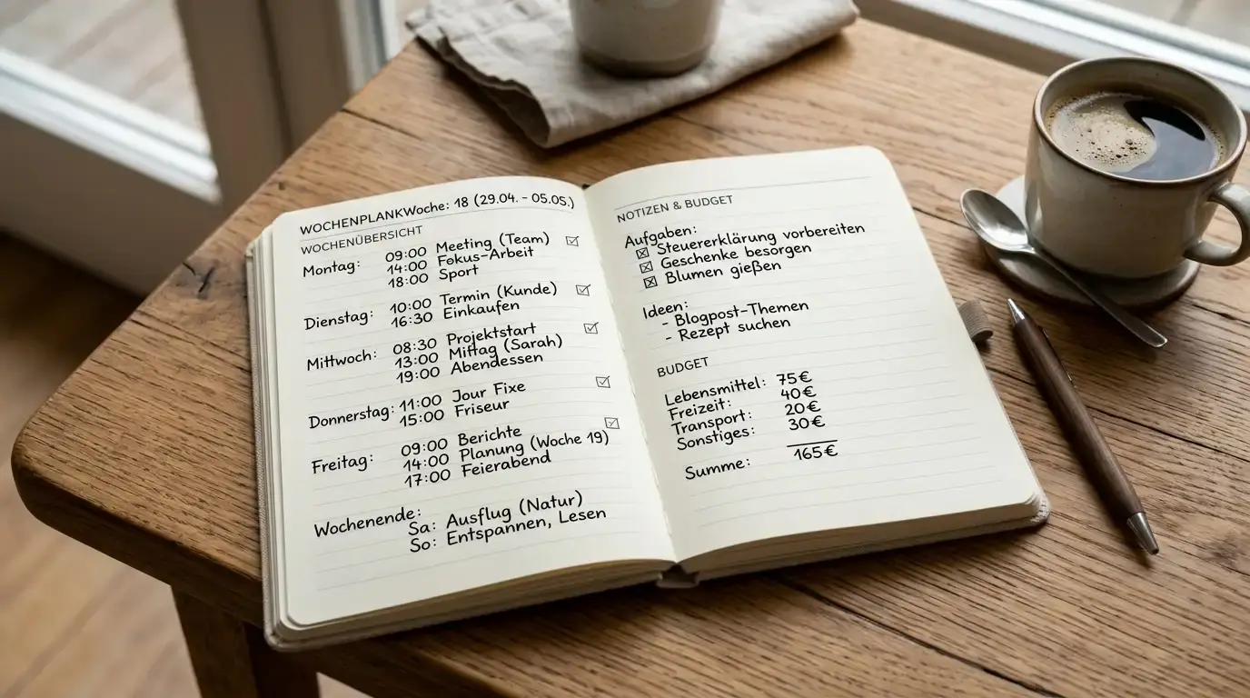 Handschriftliche Wochenplanung mit kleinen Budgetnotizen in einem Notizbuch neben einer Tasse Kaffee