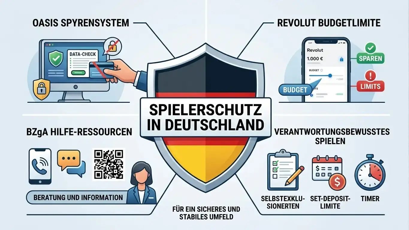 Darstellung von Schutzmaßnahmen für verantwortungsvolles Spielen in Deutschland mit OASIS, Budget-Grenzen und Beratungsangeboten