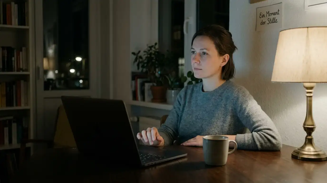 Person am Laptop hält beim nächtlichen Spiel inne, Symbol für einen bewussten Stopp