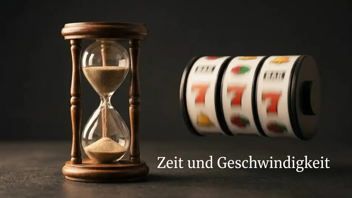 Sanduhr neben einem drehenden Spielautomaten als Sinnbild für Spieltempo ohne Pause