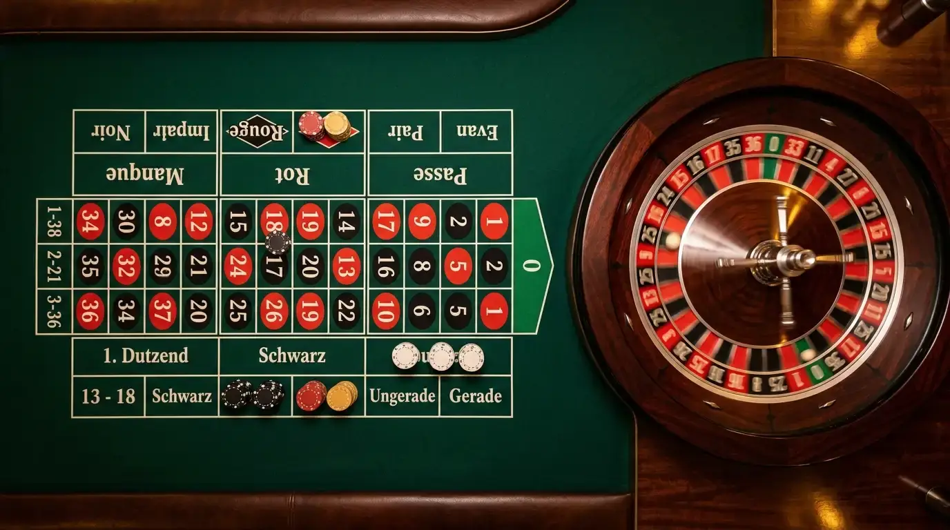 Roulette-Tisch von oben, Kugel auf dem Rad, neutrale Spielchips ohne Währungszeichen, elegante Fotografie mit warmem Licht