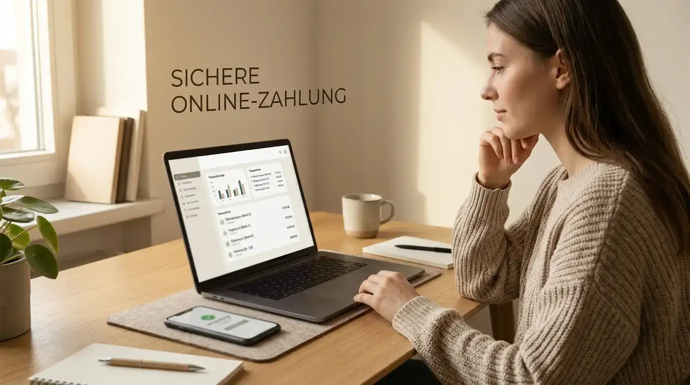 Person am Schreibtisch mit Laptop und Online-Banking-Interface