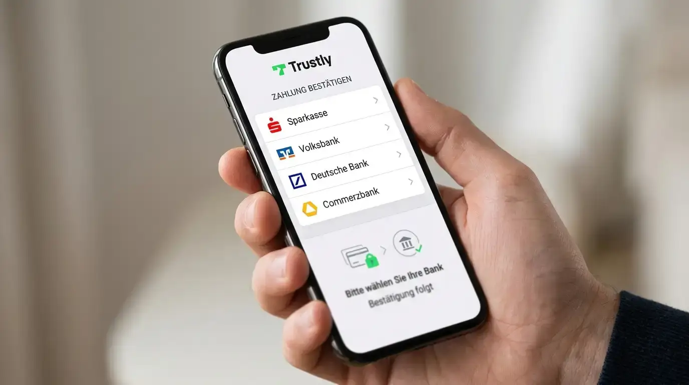 Trustly-Logo und Bankverbindung auf Smartphone-Screen