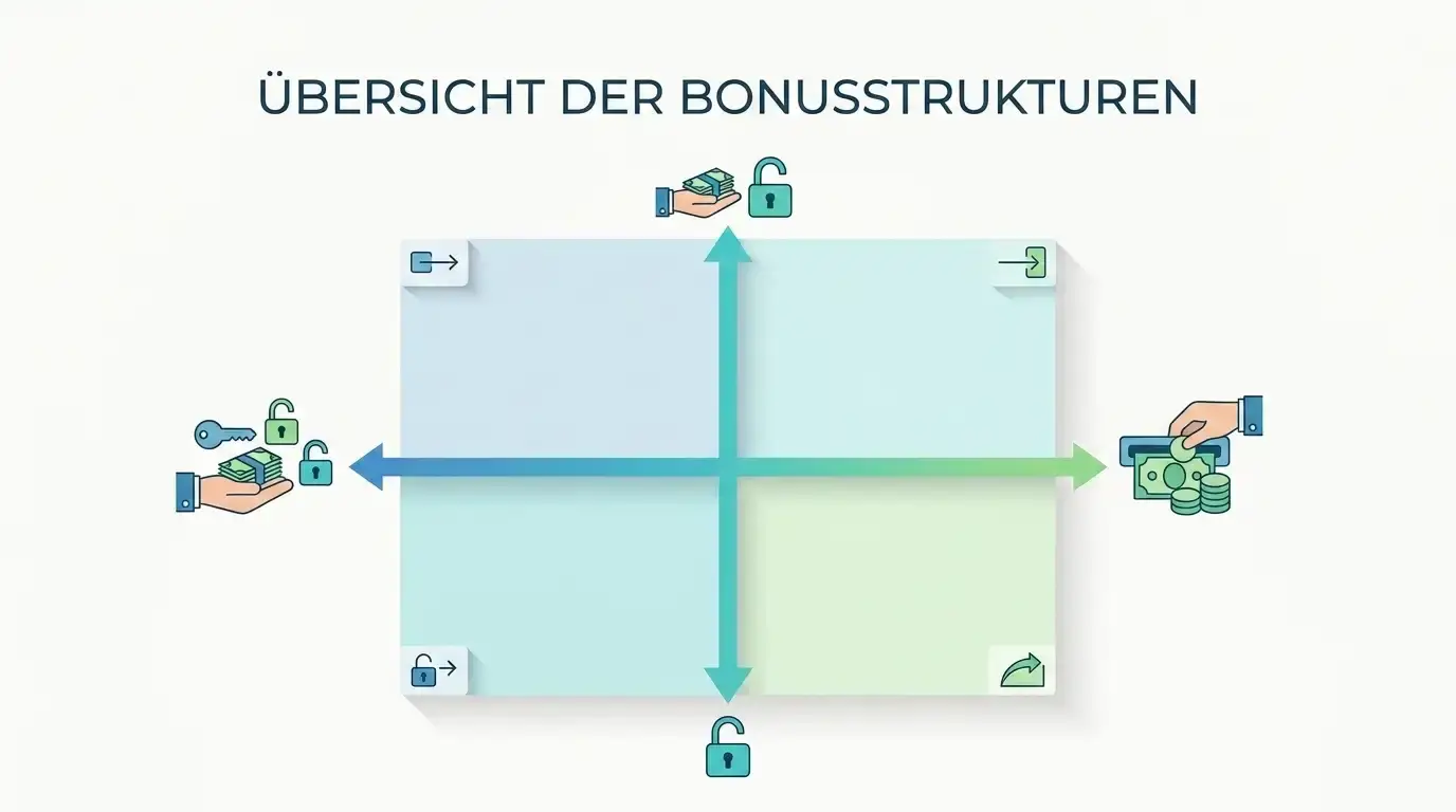 Zwei getrennte Achsen bei Casino-Boni mit Symbolen für Einzahlung ja nein und Umsatz ja nein als Vier-Felder-Ordnung