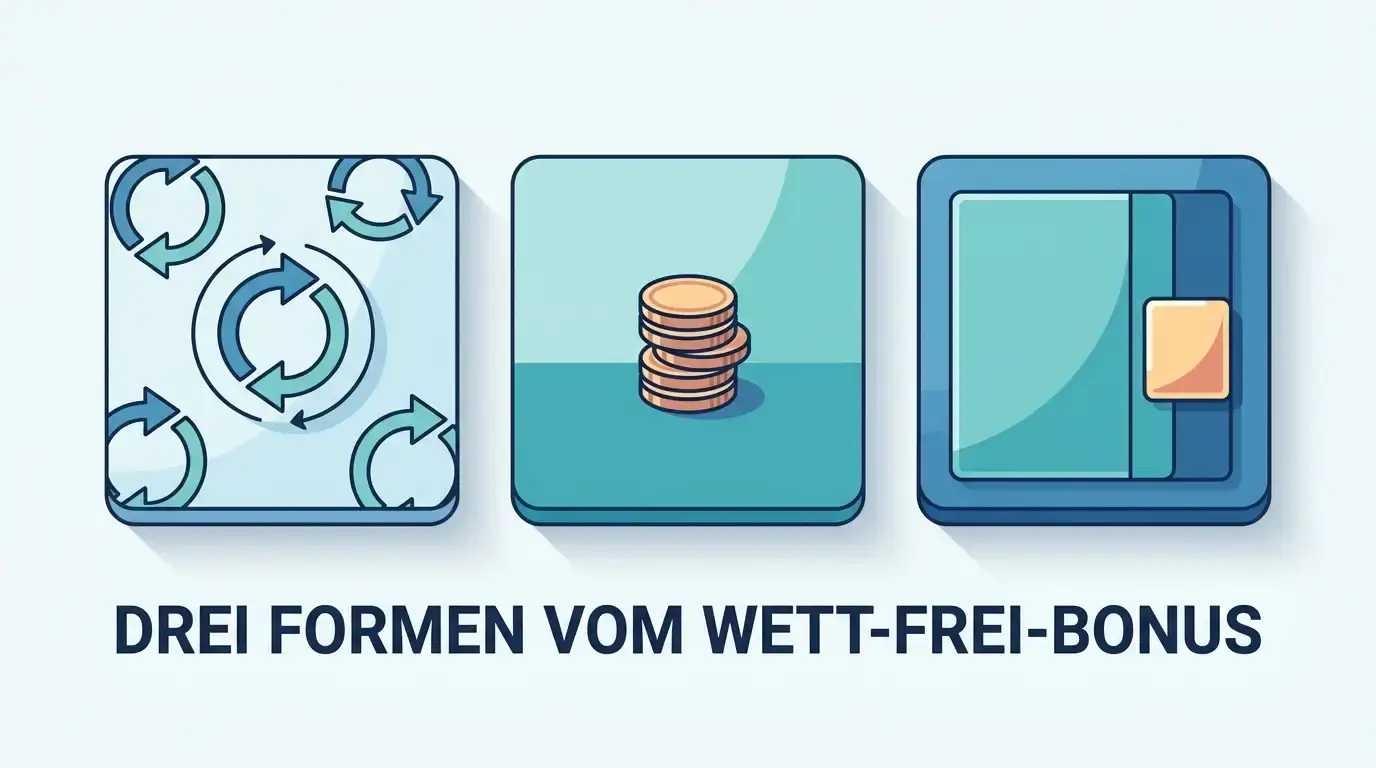 Die drei Formen des umsatzfreien Bonus als Symbole für Freispiele, Startguthaben und einen umsatzfreien Bonusanteil