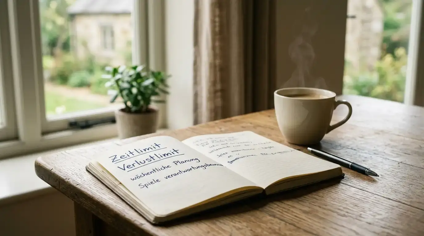 Notizbuch mit handschriftlich notierten Einzahlungs- und Zeitlimits als Symbol für verantwortungsvolles Spielen