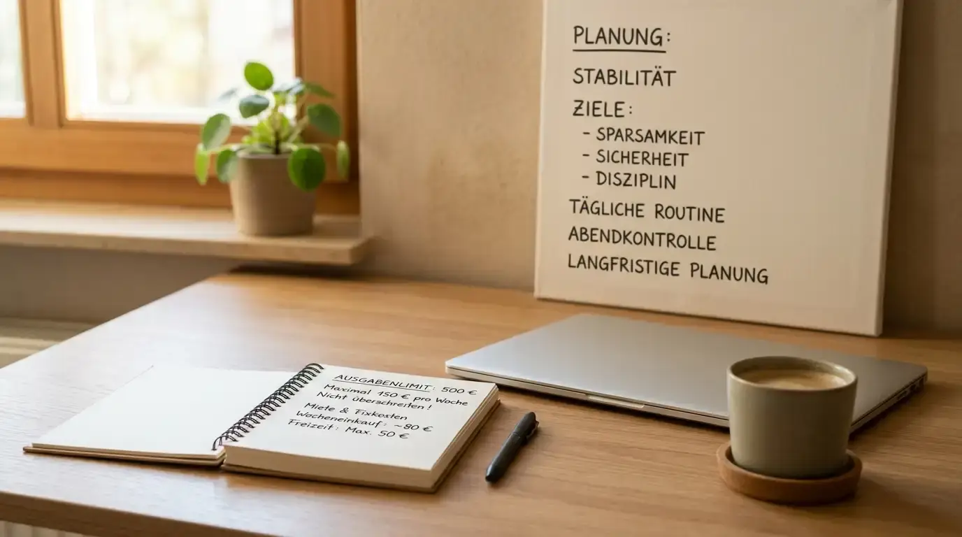 Ruhige Szene mit Notizbuch und festgelegtem Budget als Zeichen für verantwortungsvolles Spielen