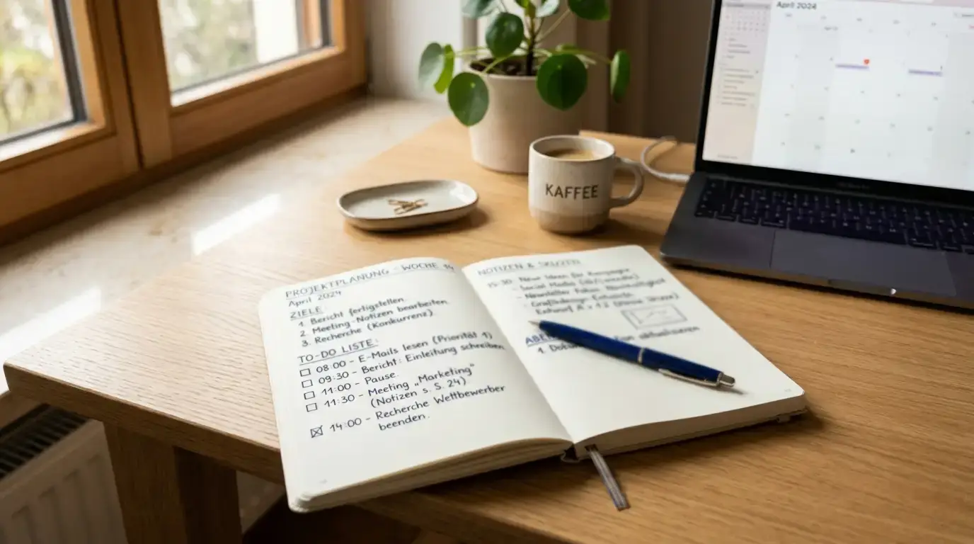 Ruhiger Arbeitsplatz mit Notebook und Notizen zu verantwortungsvollem Spielen