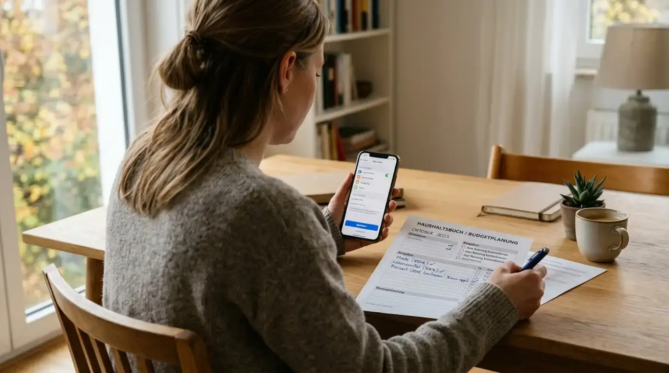 Person plant Budget mit Smartphone-App und handschriftlichen Notizen
