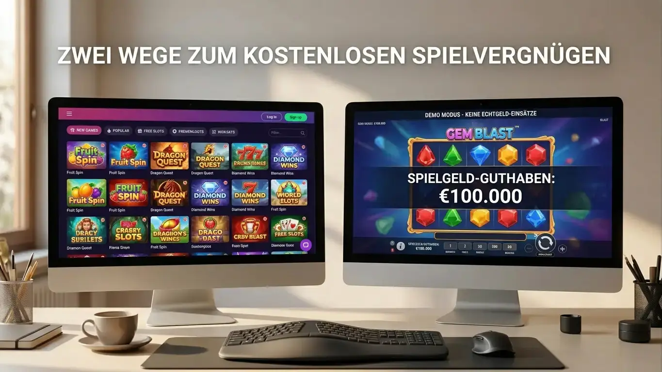 Geteilter Bildschirm zeigt Vergleich: links Aggregator-Interface, rechts Casino-Demo, moderne cleane Darstellung ohne Branding