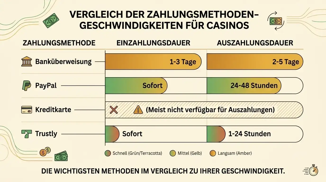 Horizontales Balkendiagramm vergleicht Casino-Zahlungsmethoden-Geschwindigkeiten: Banküberweisung (längste Balken), Trustly, PayPal, Kreditkarte mit farbkodierten Geschwindigkeitsindikatoren
