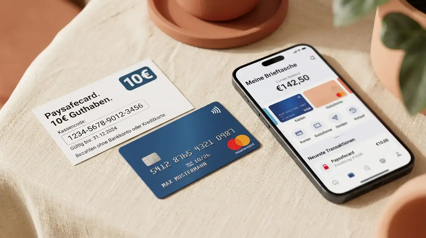 Paysafecard-Voucher, Kreditkarte und Smartphone mit E-Wallet auf hellem Untergrund