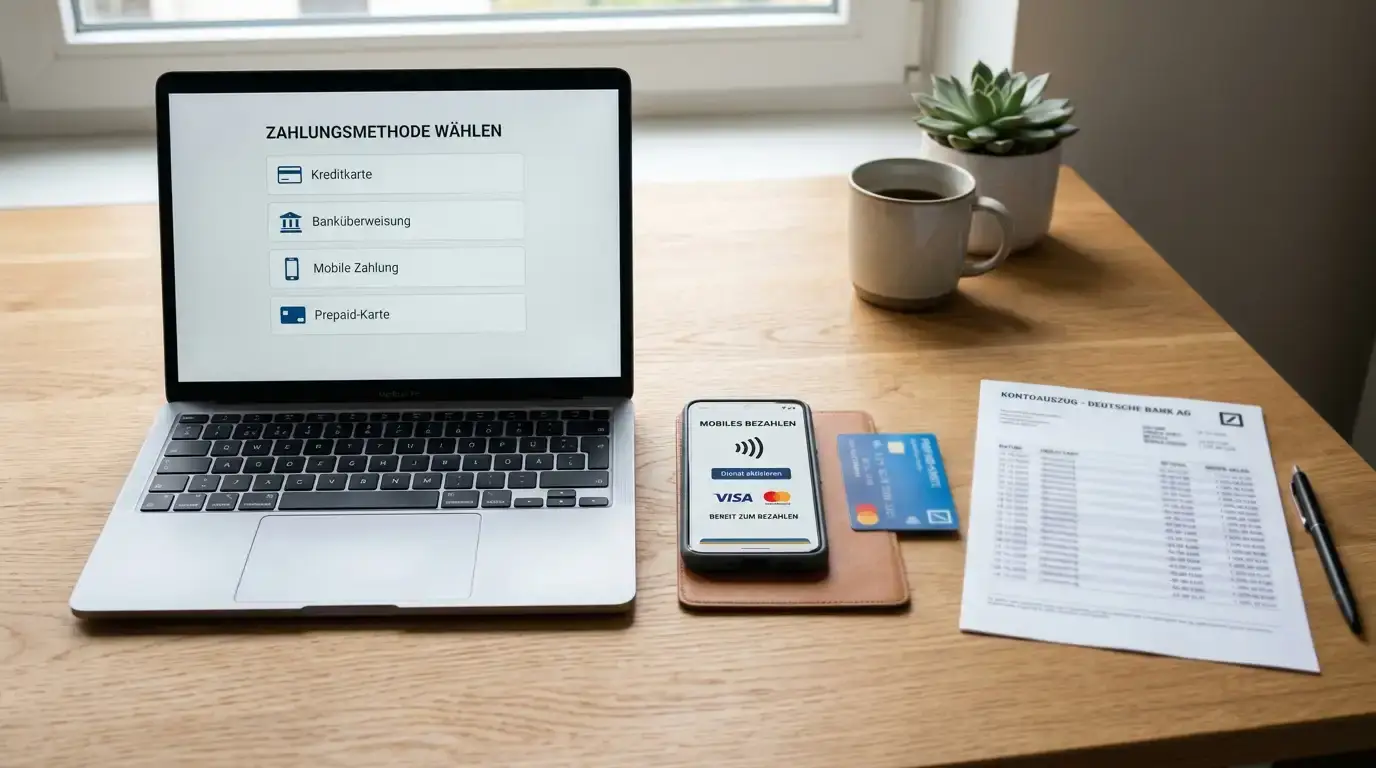Vergleich verschiedener Zahlungsmethoden am Schreibtisch — Konto, Karte und Prepaid-Option