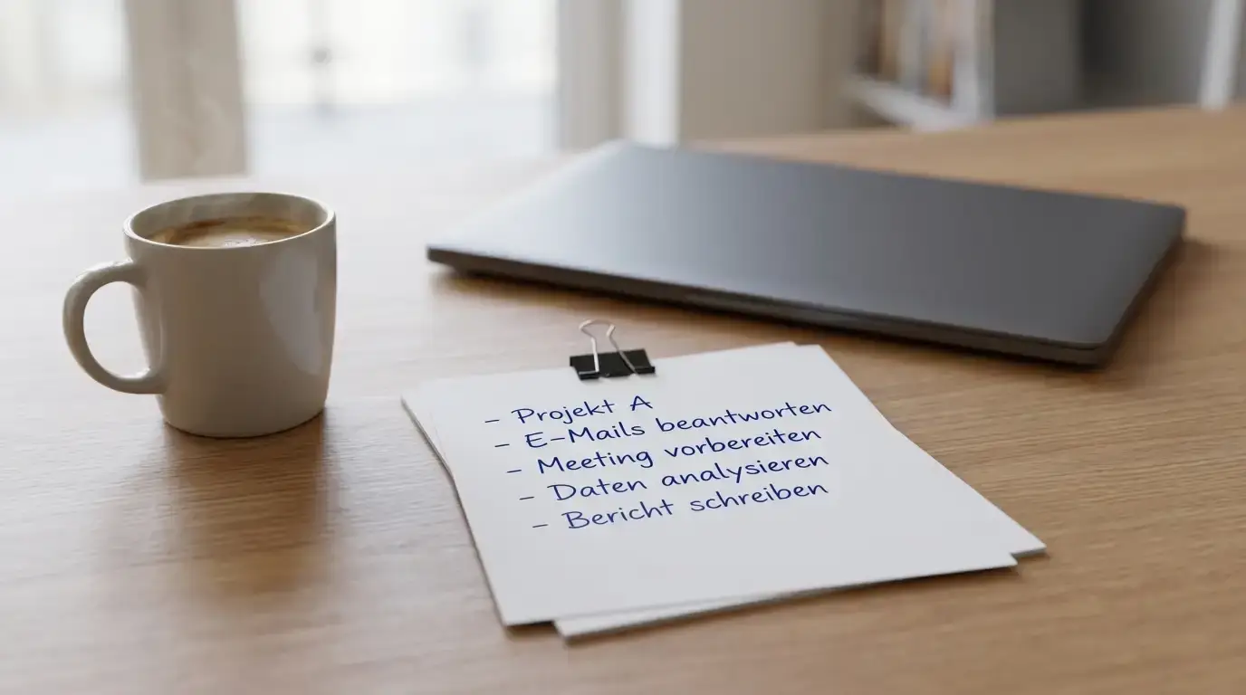 Ruhiger Schreibtisch mit Laptop und Papierstapel, auf dem eine schlichte Aufstellung von Guthabensummen liegt