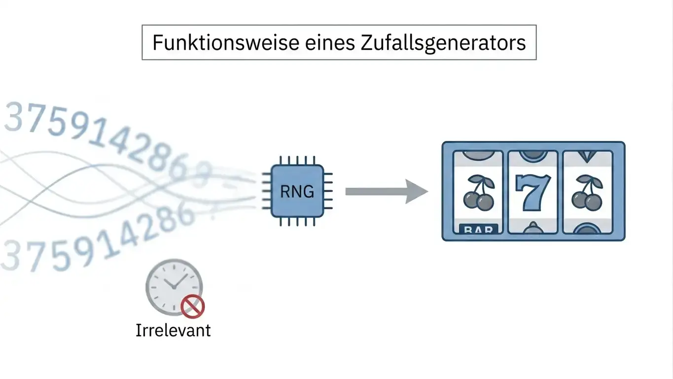 Schematische Darstellung, wie ein Zufallszahlengenerator das Ergebnis eines Spielautomaten bestimmt
